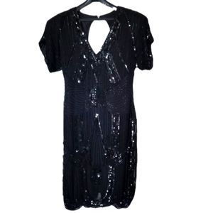 Swee Lo Black Silk Beaded Sequin Cocktail Dress